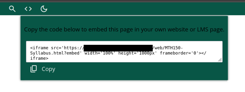 Box on a website that says "Copy the code below to embed this page in your own website or LMS page." It is followed by <iframe></iframe> with for the syllabus page.